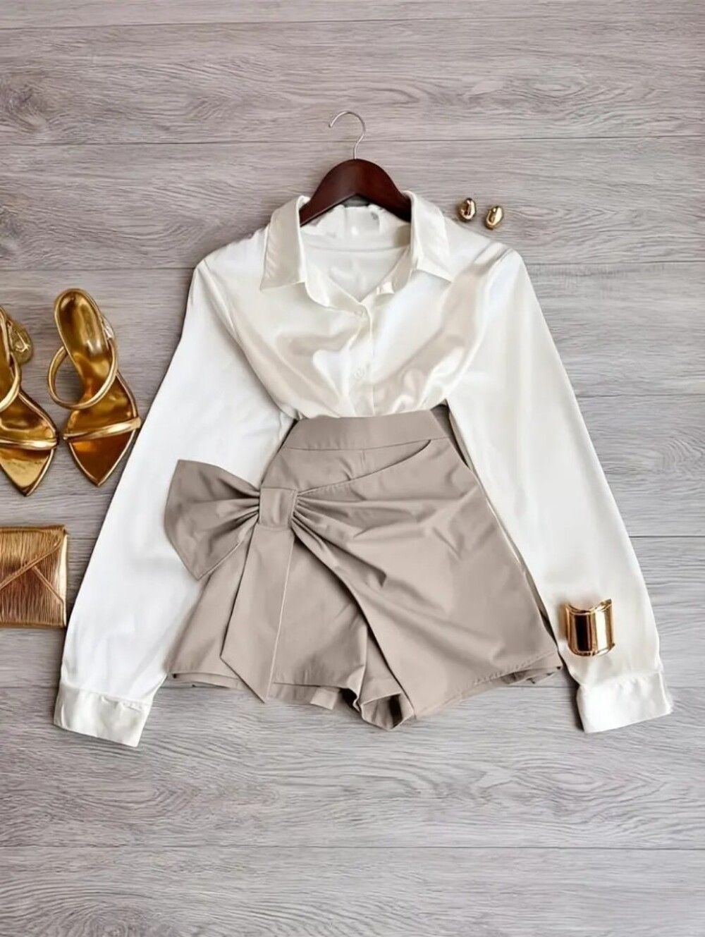 Model-Free Pose - Solid Color Button- Shirt and Knotted Skirt Pants Elegant
